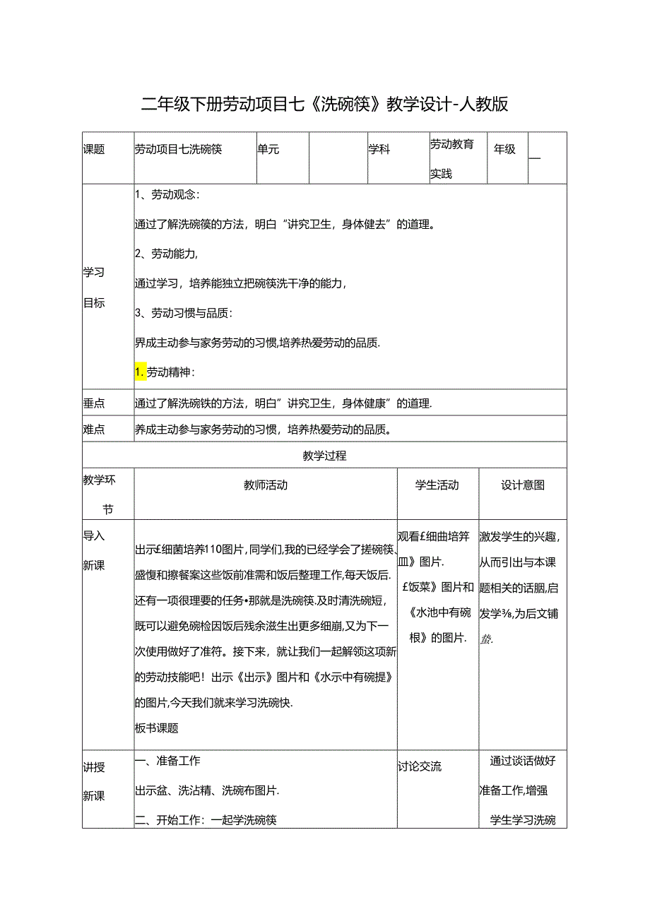 二年级下册劳动项目七《洗碗筷》教学设计-人教版.docx_第1页