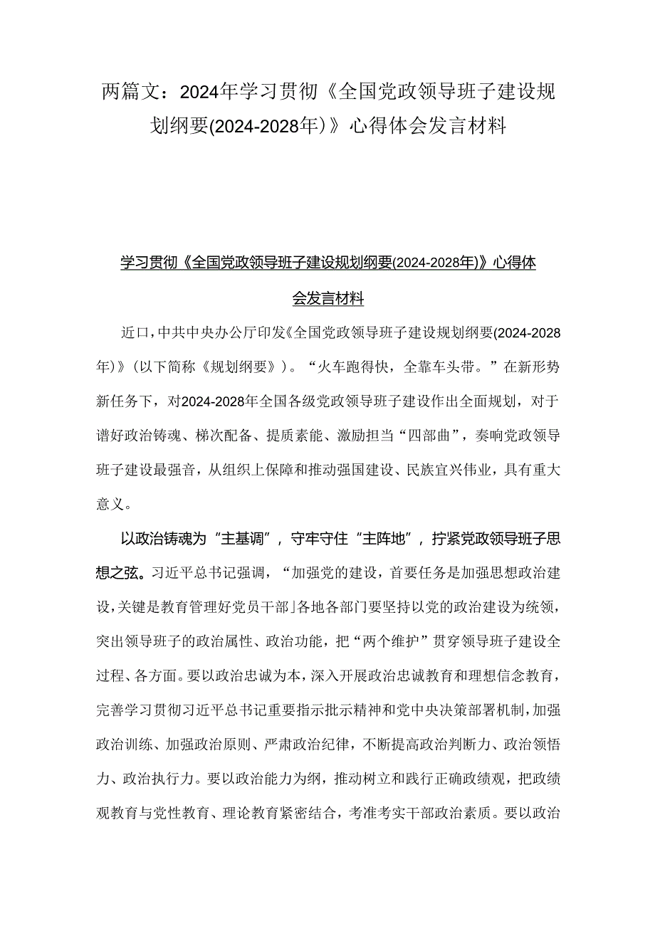 两篇文：2024年学习贯彻《全国党政领导班子建设规划纲要(2024-2028年)》心得体会发言材料.docx_第1页