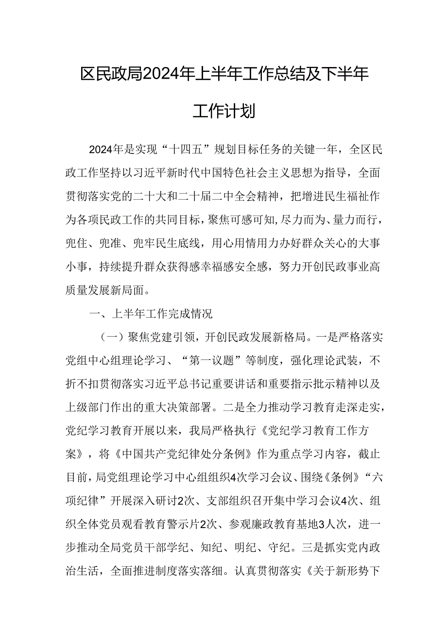 区民政局2024年上半年工作总结及下半年工作计划.docx_第1页