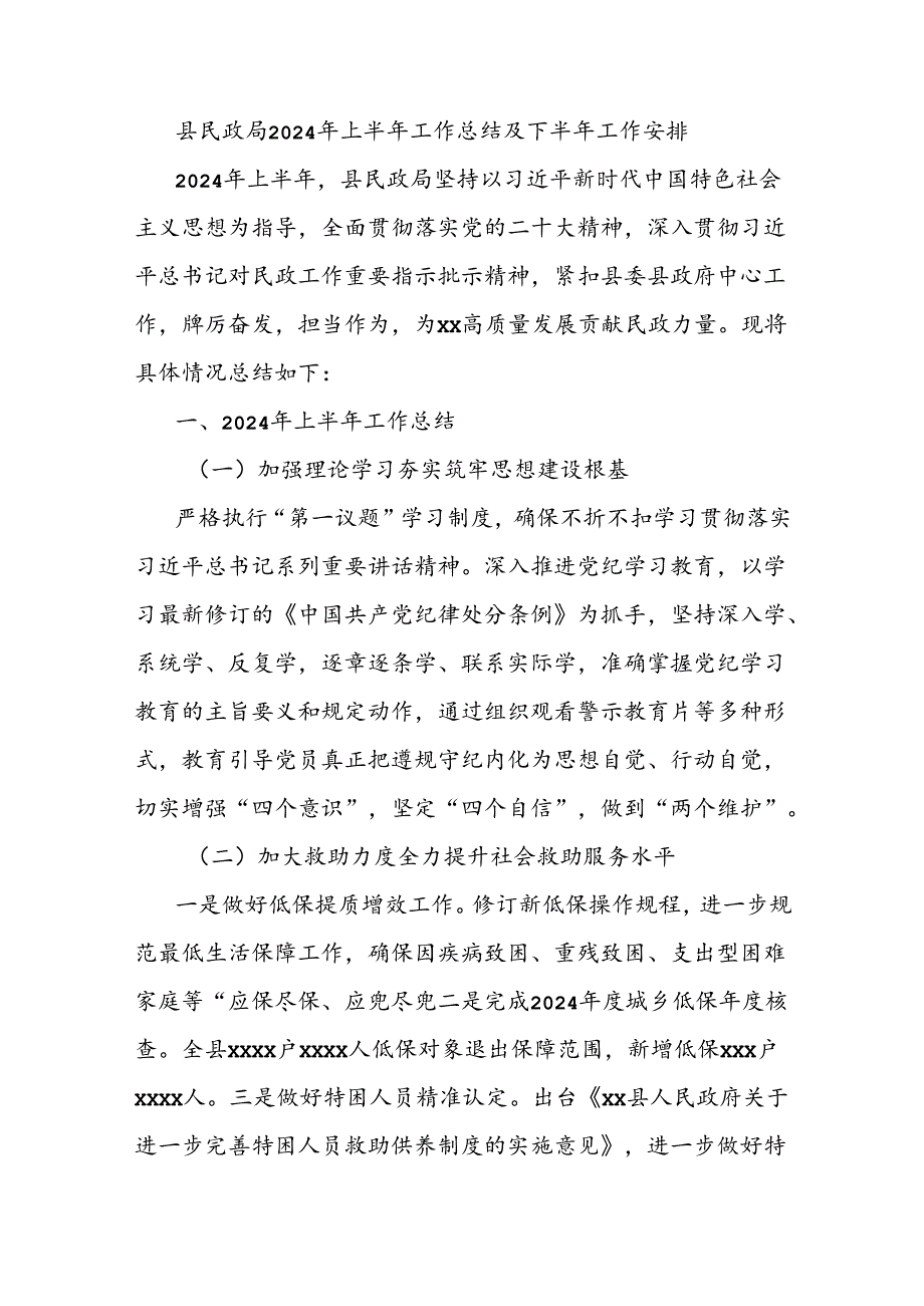 县民政局2024年上半年工作总结及下半年工作安排.docx_第1页