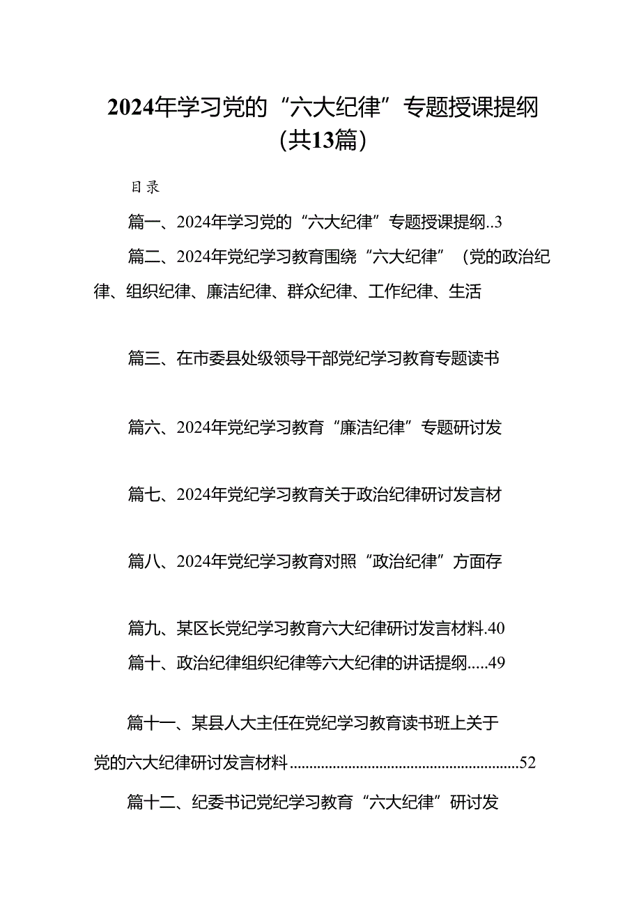 2024年学习党的“六大纪律”专题授课提纲13篇（最新版）.docx_第1页