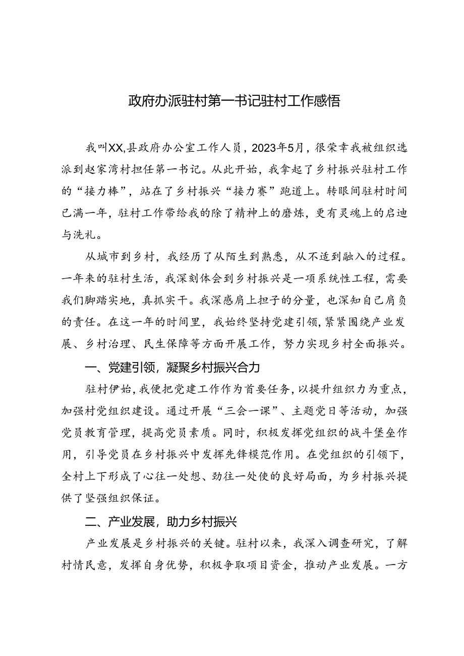 2024年政府办派驻村第一书记驻村工作感悟.docx_第1页