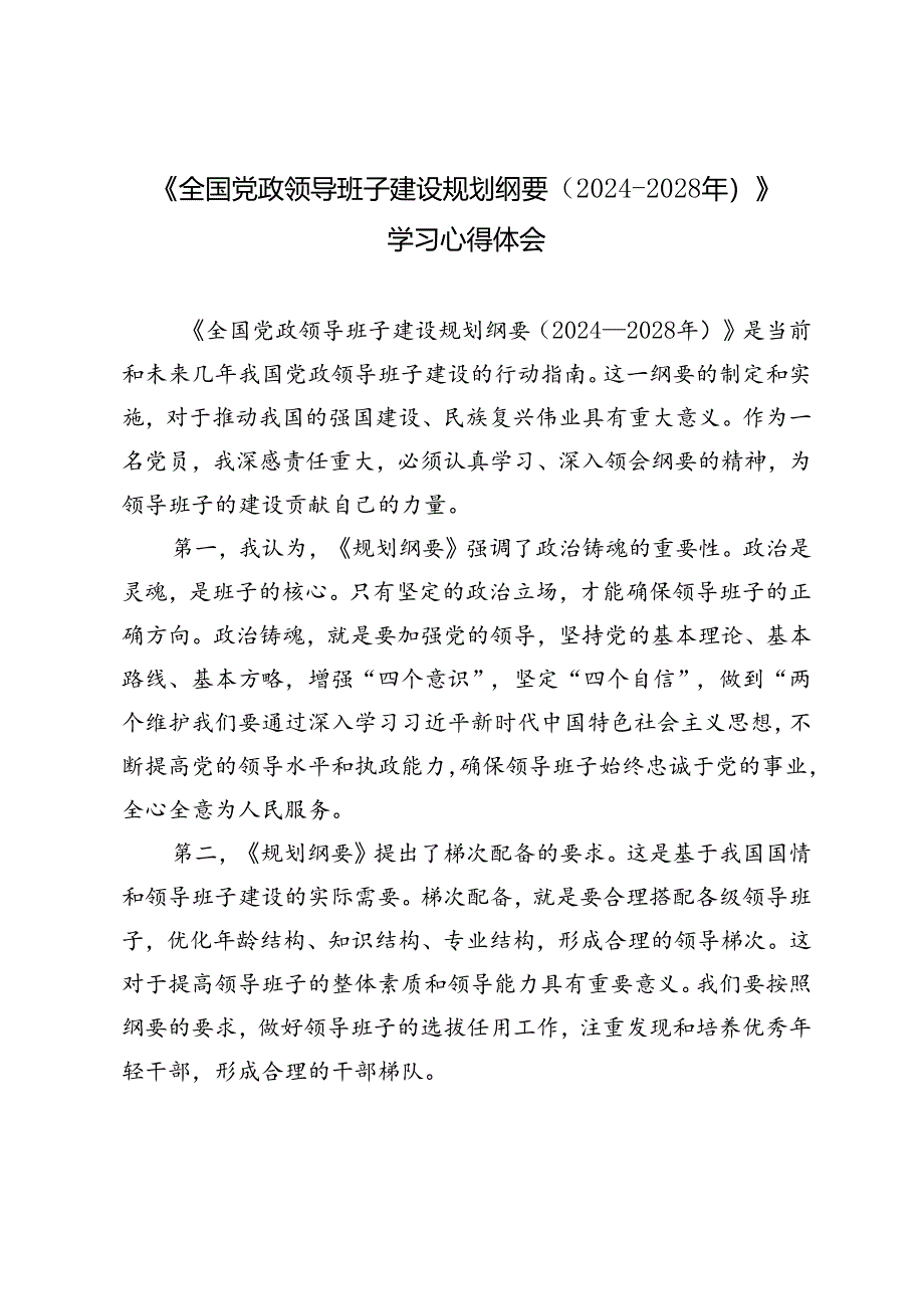 4篇 2024年学习《全国党政领导班子建设规划纲要（2024—2028年）》心得体会发言.docx_第1页