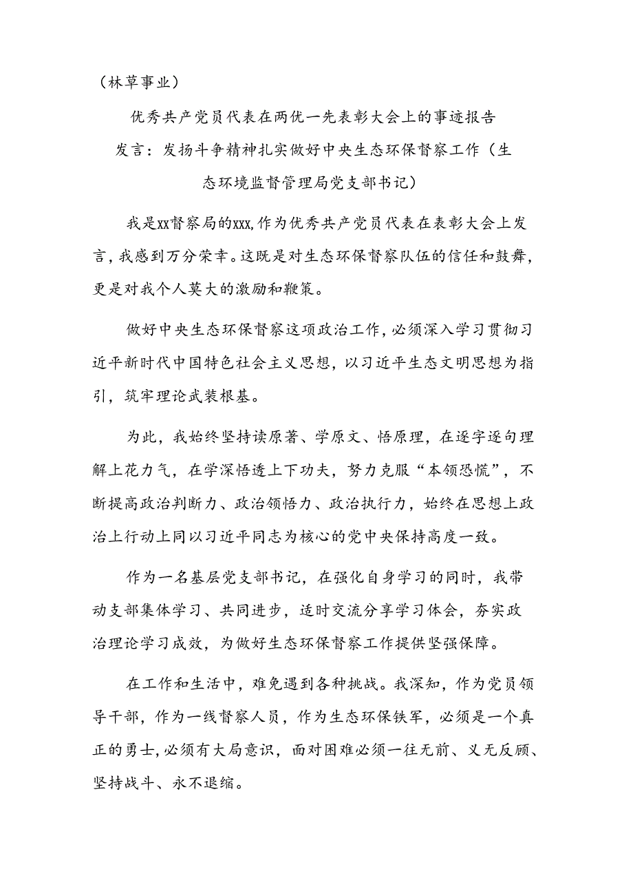 优秀共产党员代表在生态环境系统建党103周年暨两优一先表彰大会上的事迹报告发言材料汇编（8篇）.docx_第2页