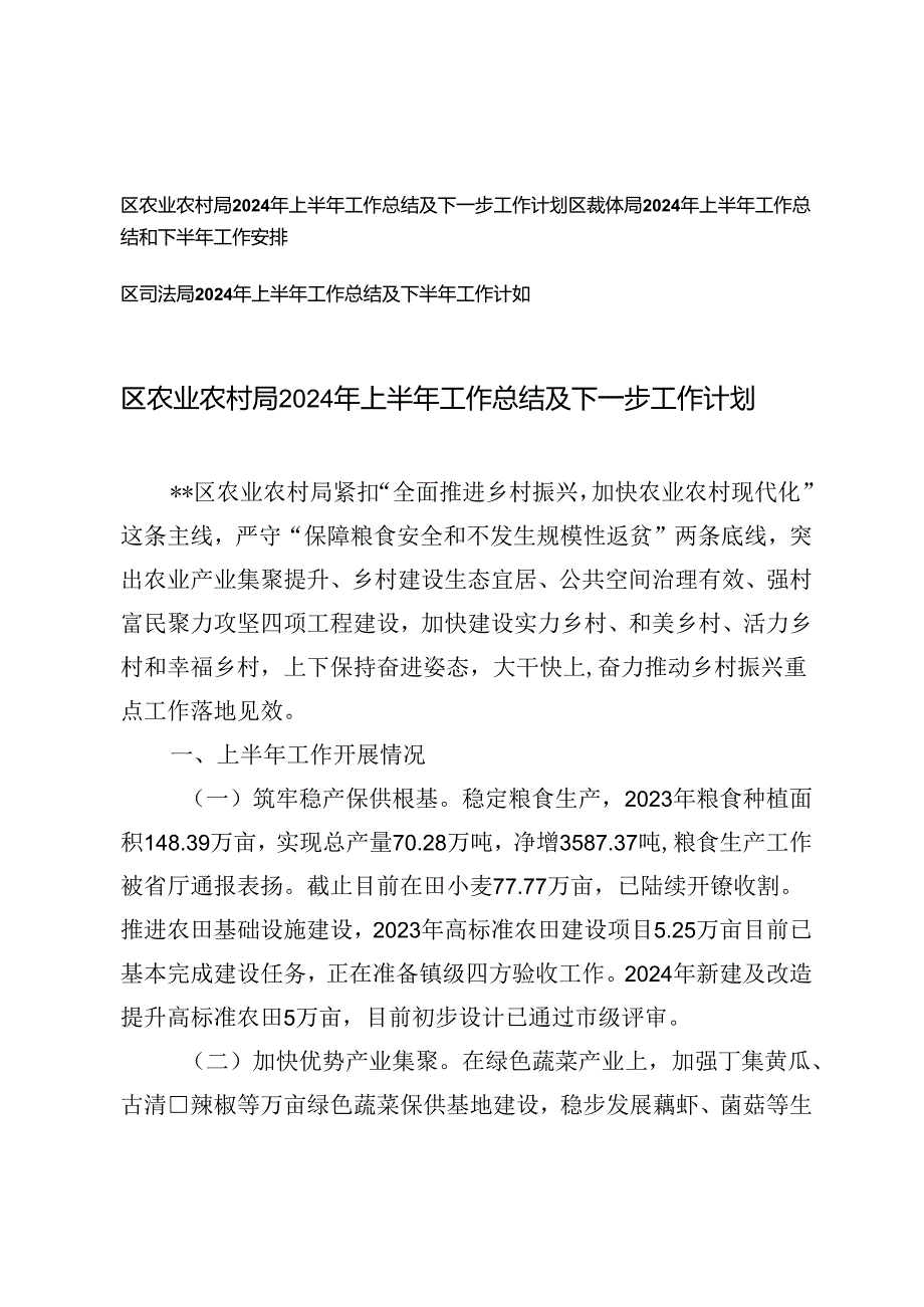 3篇 2024年上半年工作总结及下一步工作计划（农业农村局、教体局、司法局）.docx_第1页