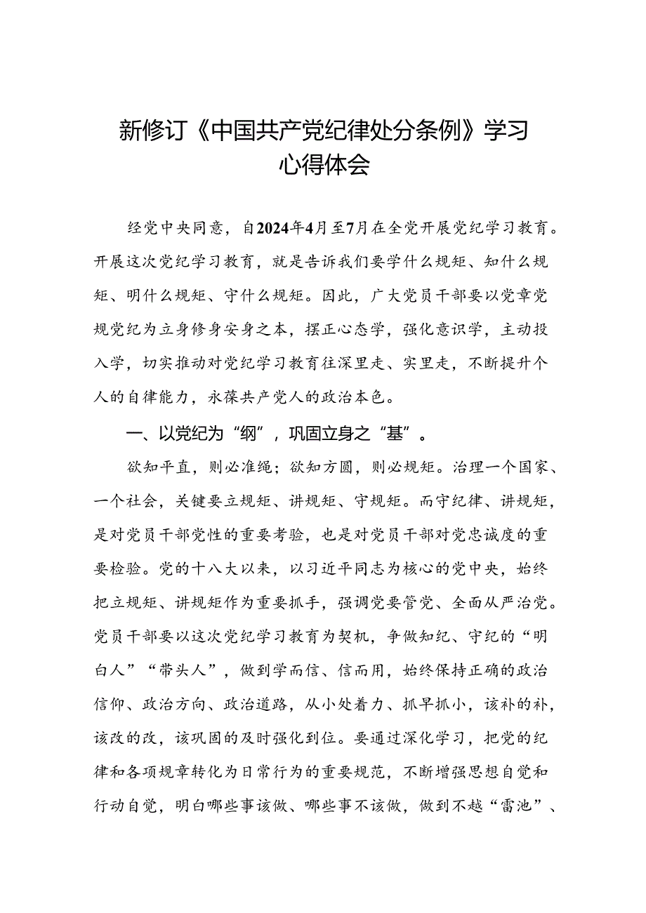 2024版新修订中国共产党纪律处分条例读书班研讨发言十九篇.docx_第1页