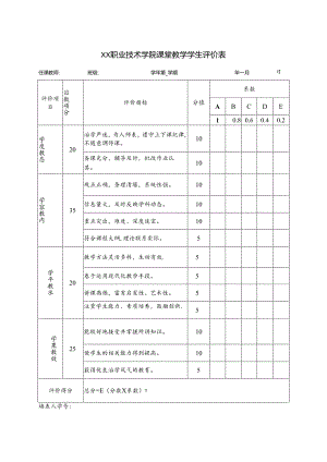 XX职业技术学院课堂教学学生评价表（2024年）.docx