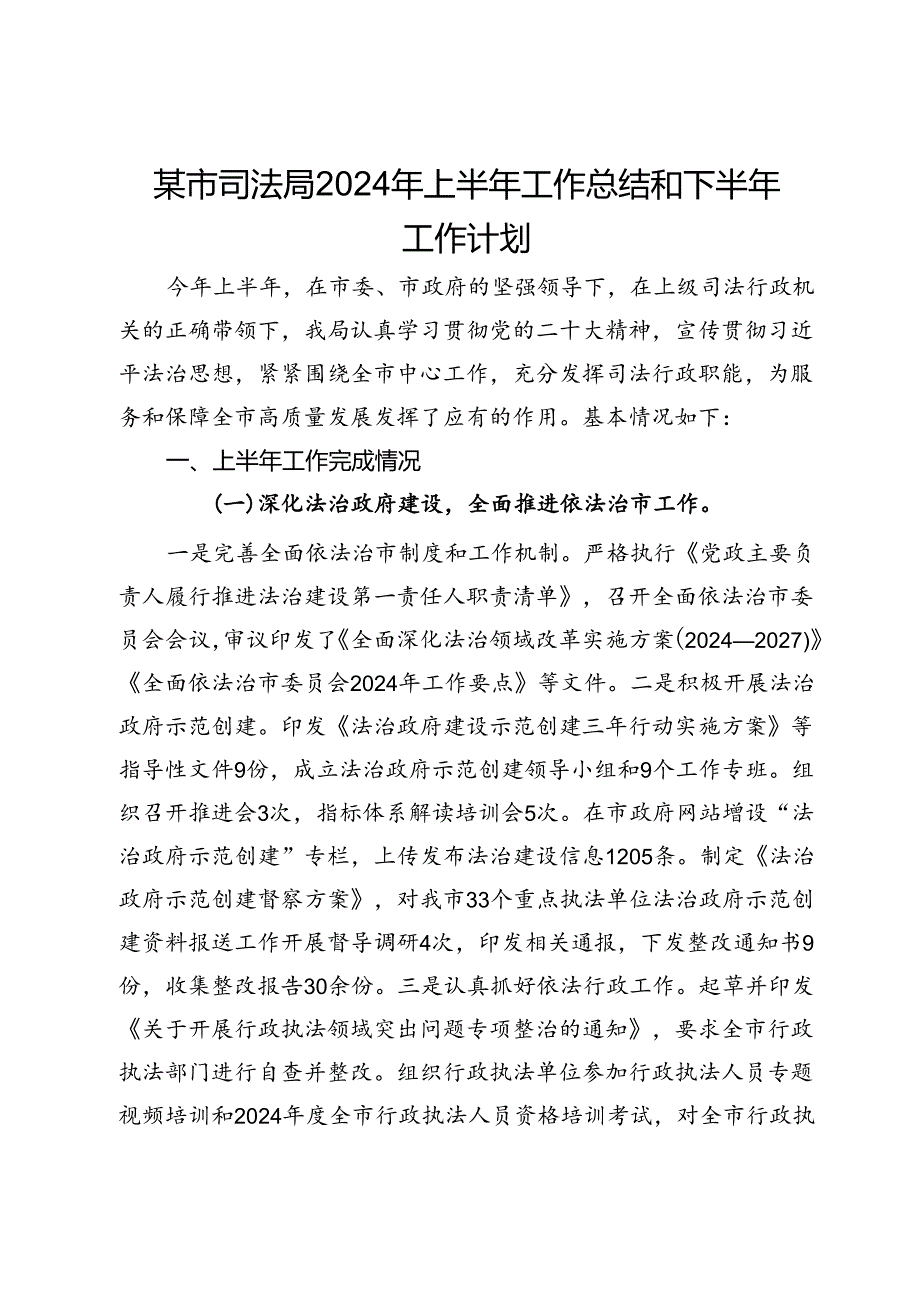 某市司法局2024年上半年工作总结和下半年工作计划.docx_第1页