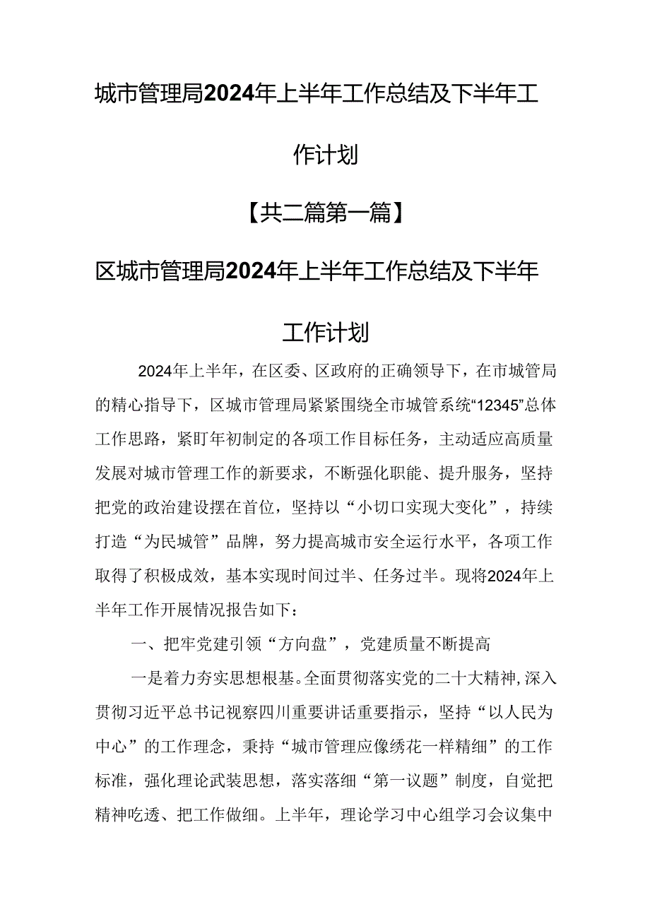 （2篇）城市管理局2024年上半年工作总结及下半年工作计划.docx_第1页