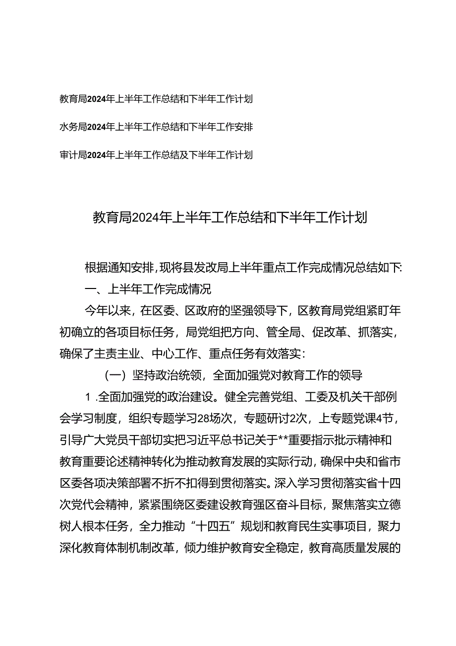 审计局、水务局、教育局2024年上半年工作总结及下半年工作计划.docx_第1页