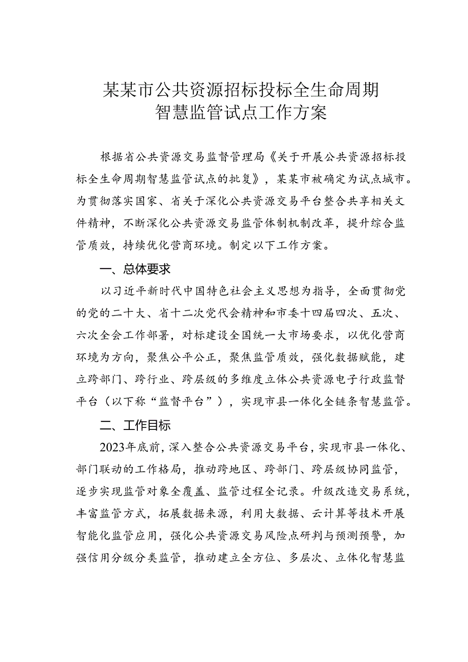 某某市公共资源招标投标全生命周期智慧监管试点工作方案.docx_第1页