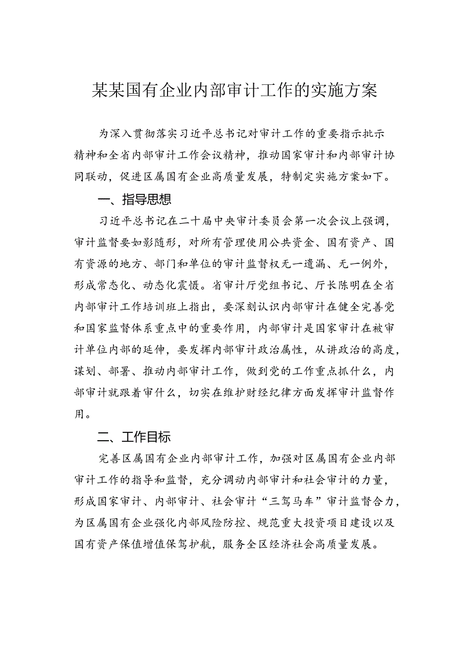 某某国有企业内部审计工作的实施方案.docx_第1页