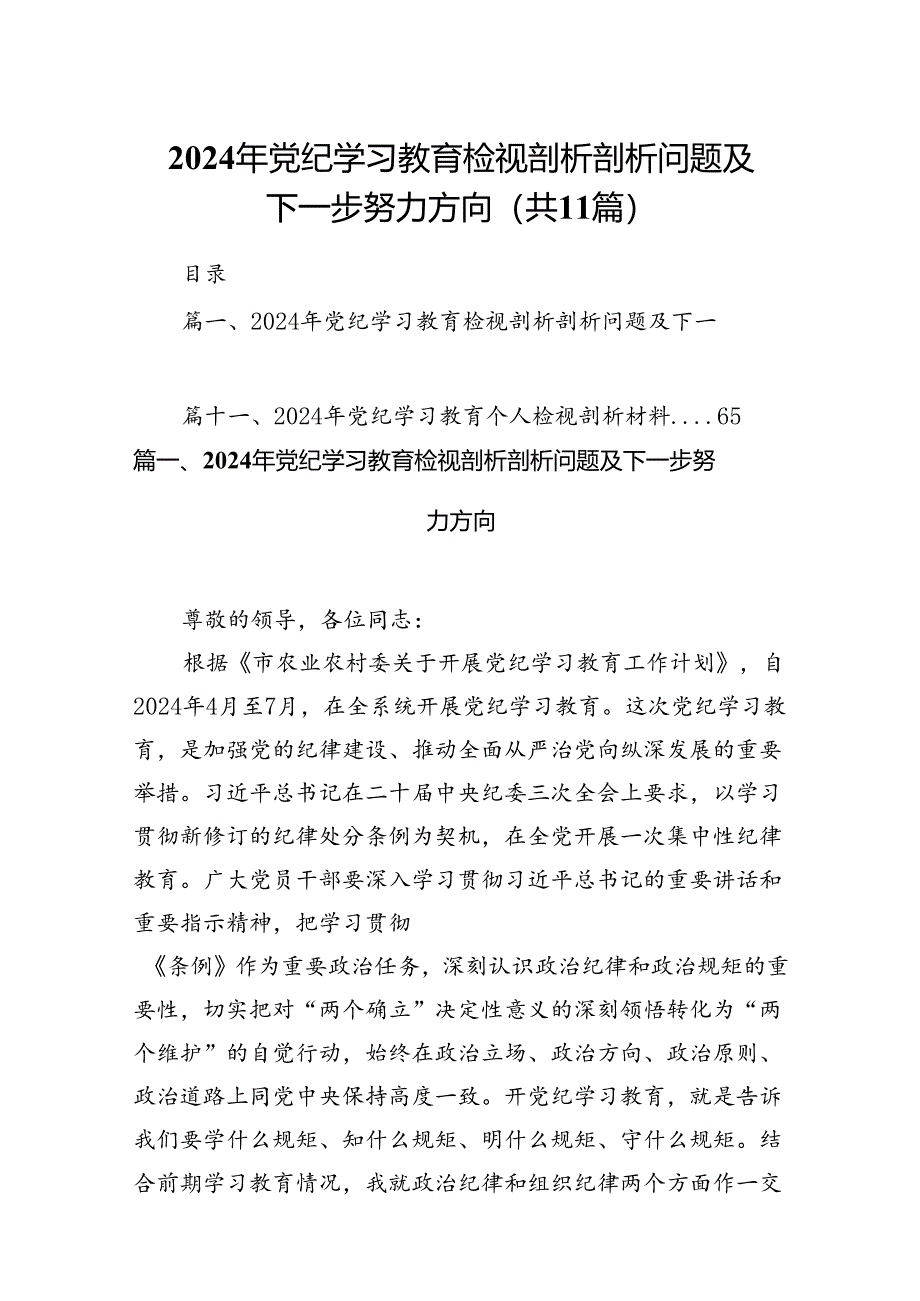 （11篇）2024年党纪学习教育检视剖析剖析问题及下一步努力方向范文.docx_第1页