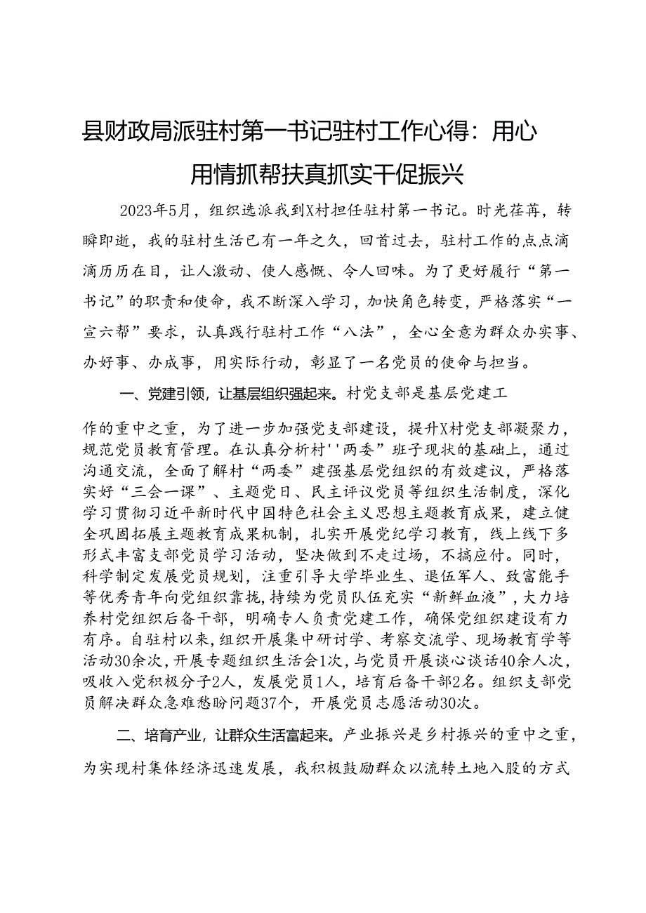 县财政局派驻村第一书记驻村工作心得.docx_第1页