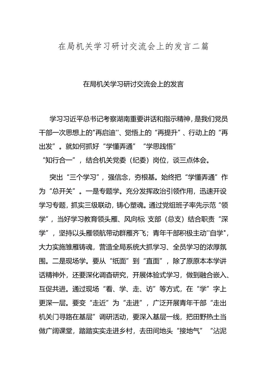 在局机关学习研讨交流会上的发言二篇.docx_第1页