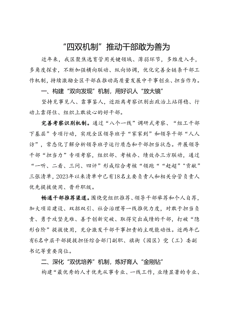 经验交流发言：“四双机制”推动干部敢为善为.docx_第1页