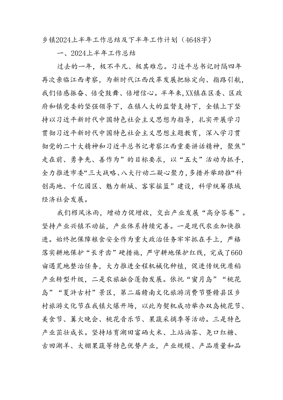 乡镇2024上半年工作总结及下半年工作计划（4648字）.docx_第1页