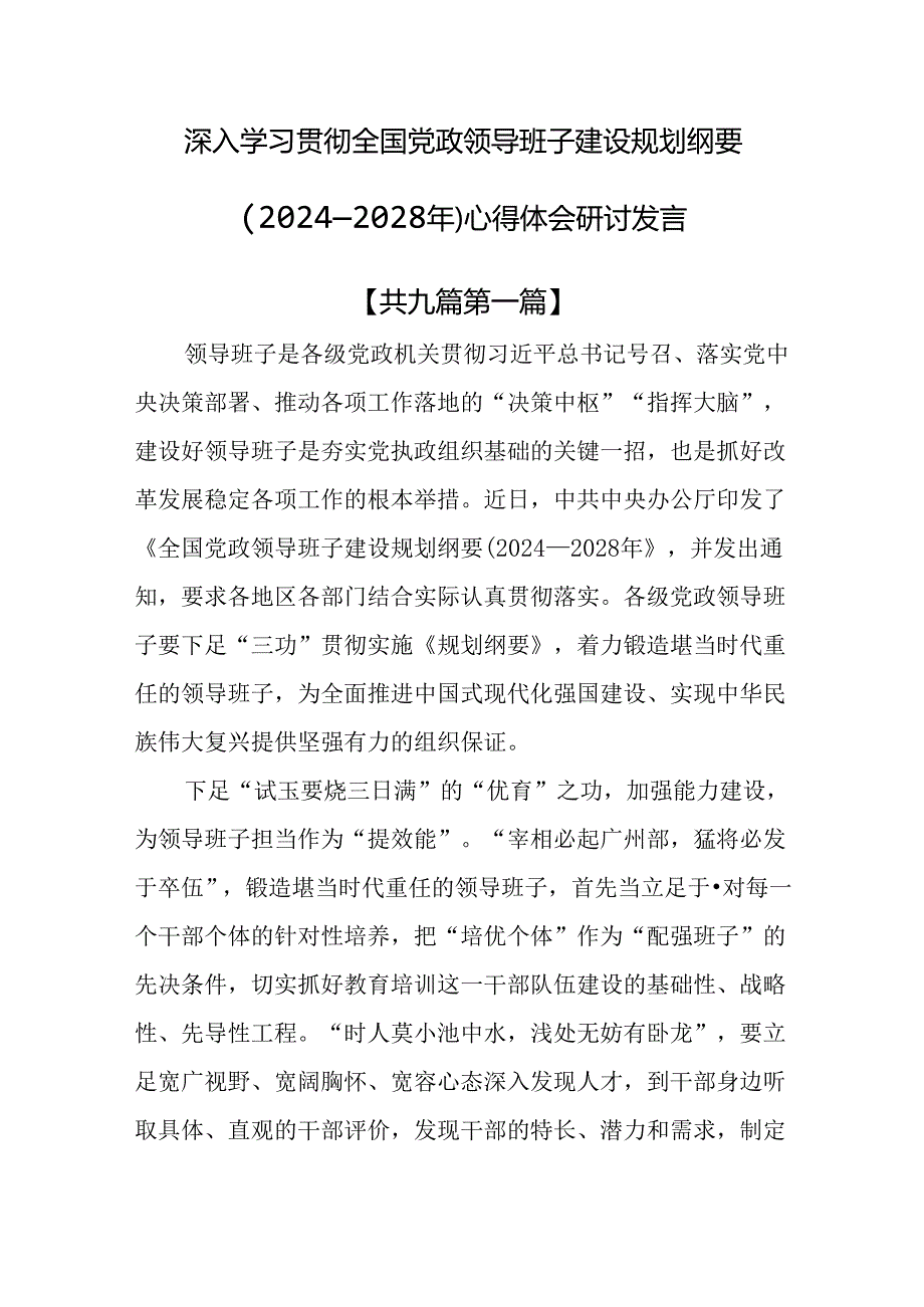 （9篇）深入学习贯彻全国党政领导班子建设规划纲要（2024—2028年）心得体会研讨发言.docx_第1页