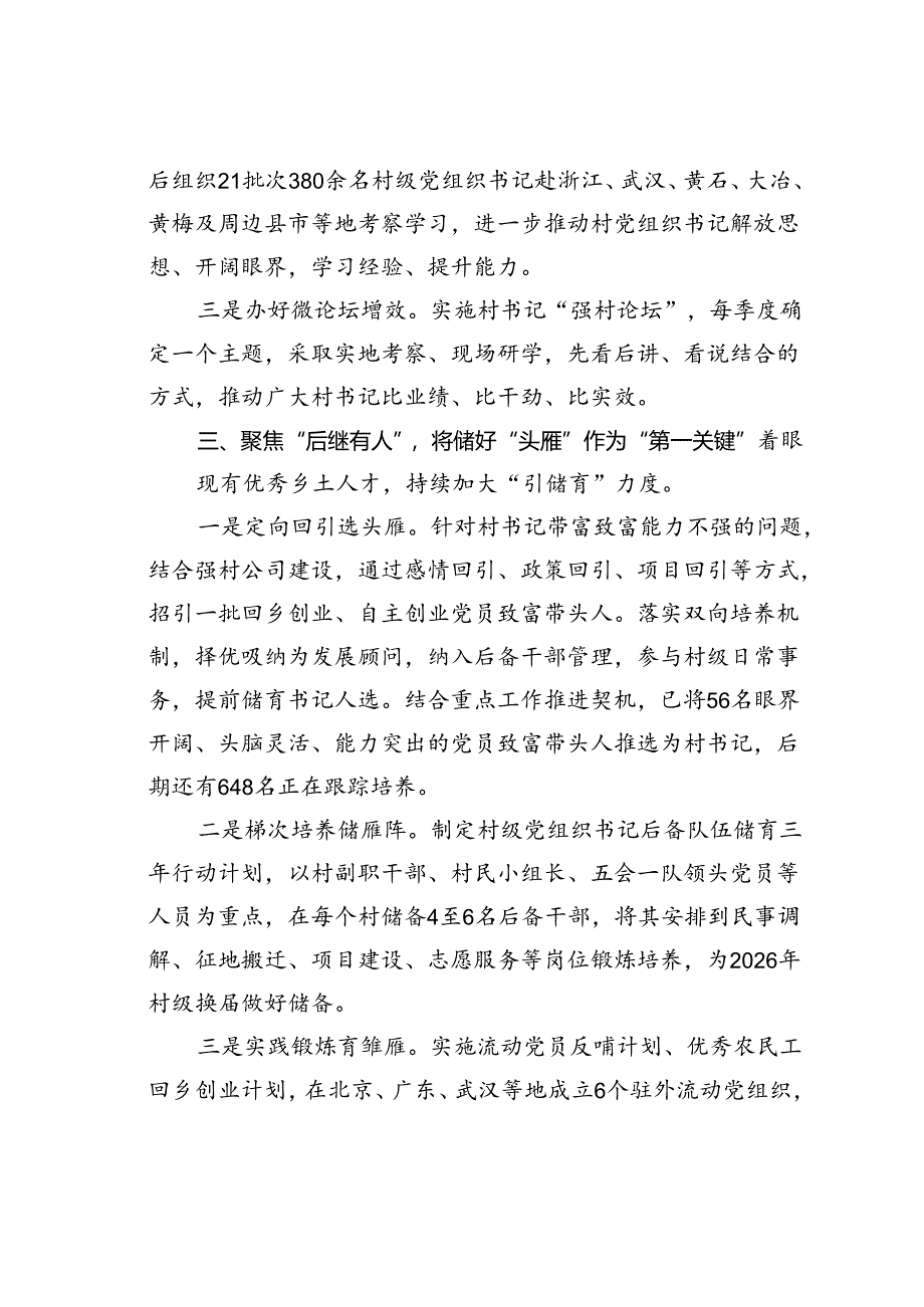 某某县在基层党建工作会议上的交流发言：全面加强村党组织带头人队伍建设.docx_第3页