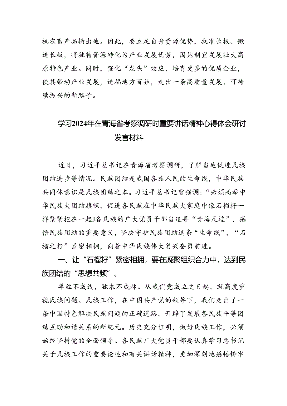 学习2024年在青海省考察调研重要讲话精神心得体会研讨发言材料四篇专题资料.docx_第3页