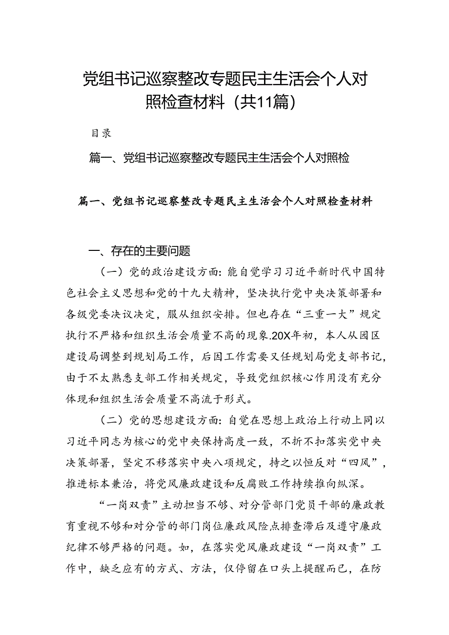 （11篇）党组书记巡察整改专题民主生活会个人对照检查材料优选.docx_第1页