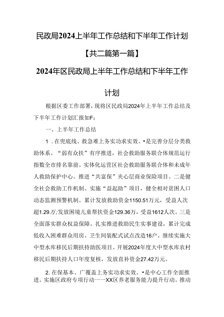 （2篇）民政局2024上半年工作总结和下半年工作计划.docx_第1页