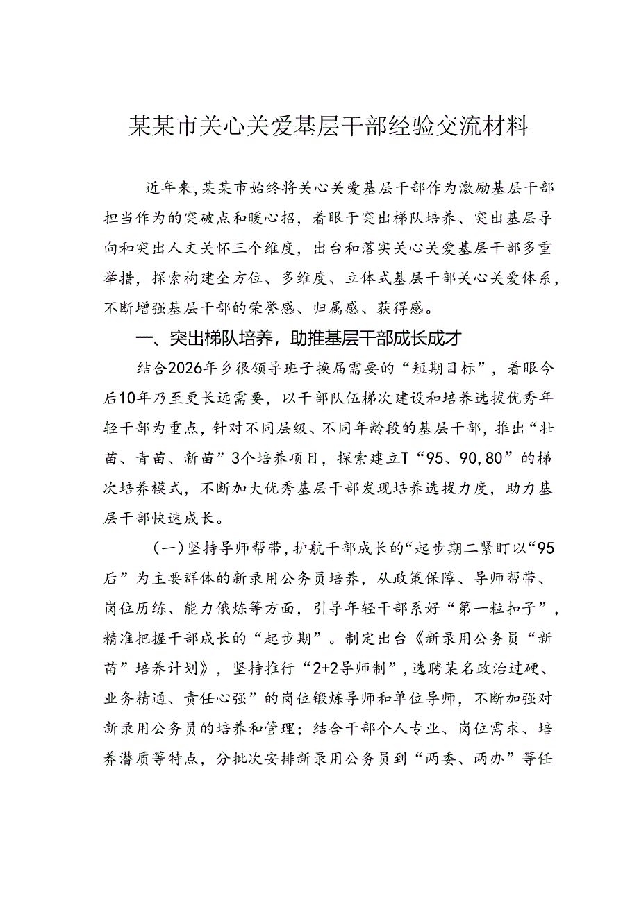 某某市关心关爱基层干部经验交流材料.docx_第1页