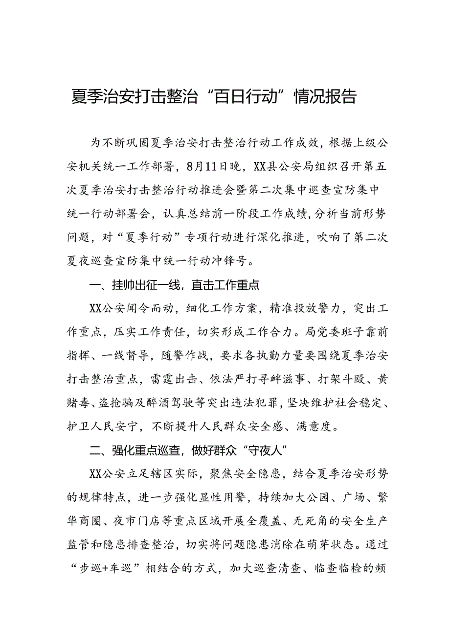 公安深入推进夏季治安打击整治行动情况报告8篇.docx_第1页