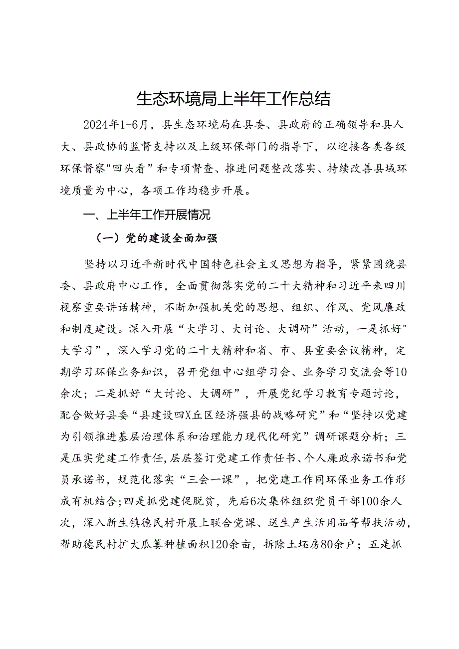 某县生态环境局2024年上半年工作总结.docx_第1页