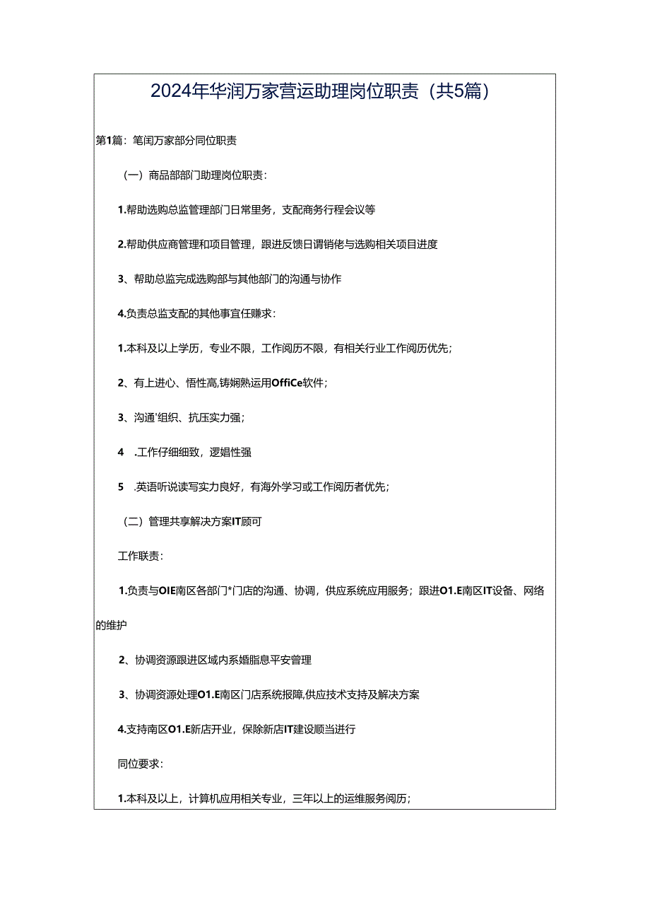 2024年华润万家营运助理岗位职责（共5篇）.docx_第1页