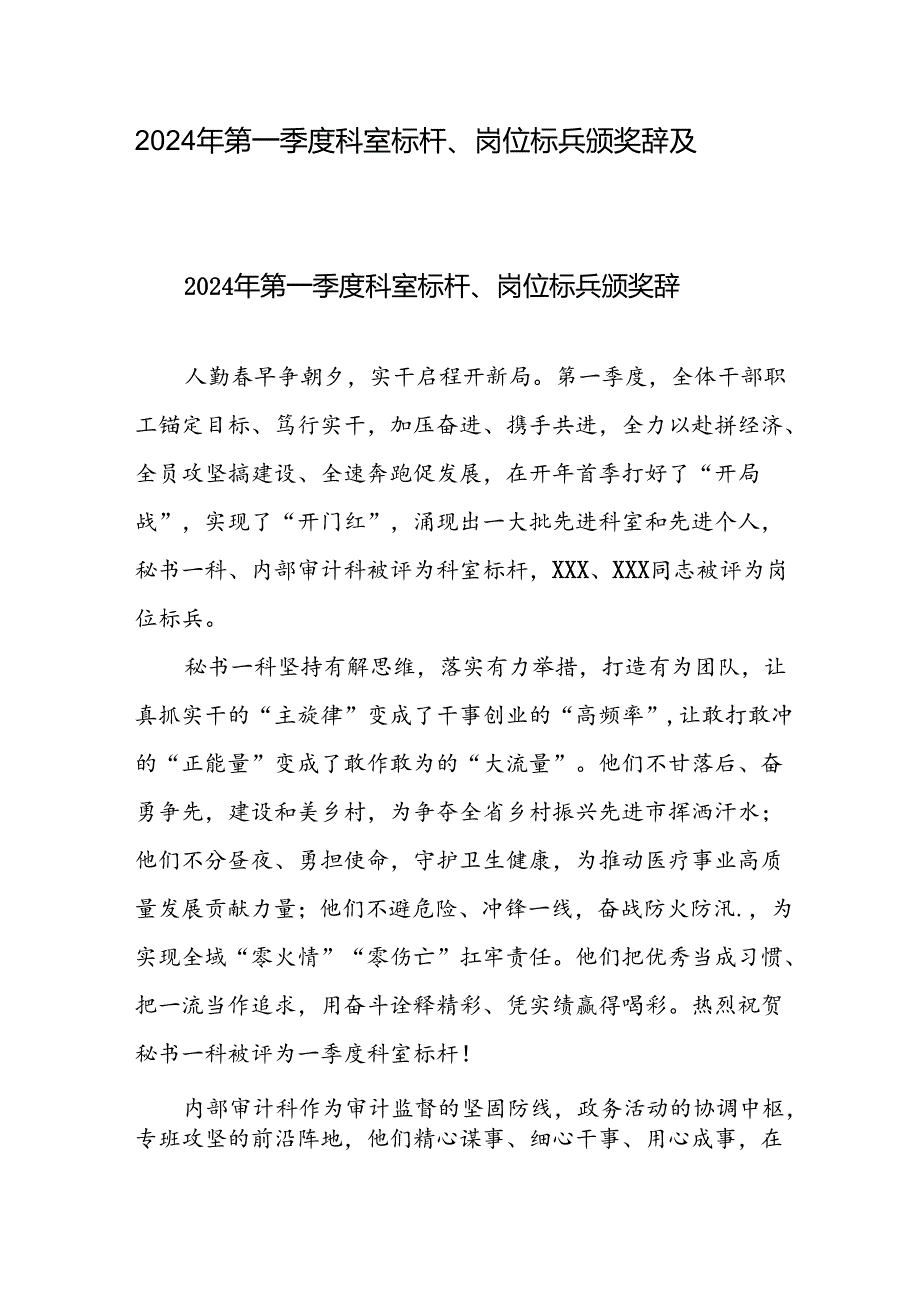 2024年第一季度科室标杆、岗位标兵颁奖辞及发言稿.docx_第1页