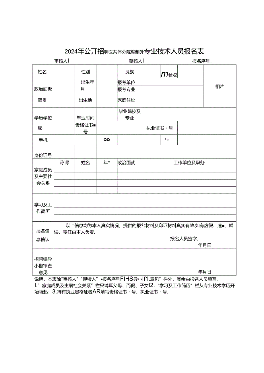 2024年公开招聘医共体分院编制外专业技术人员报名表.docx_第1页