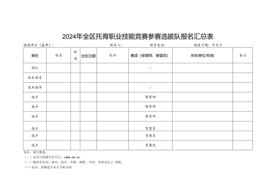 2024年全区托育职业技能竞赛赛项规程、报名表.docx_第1页