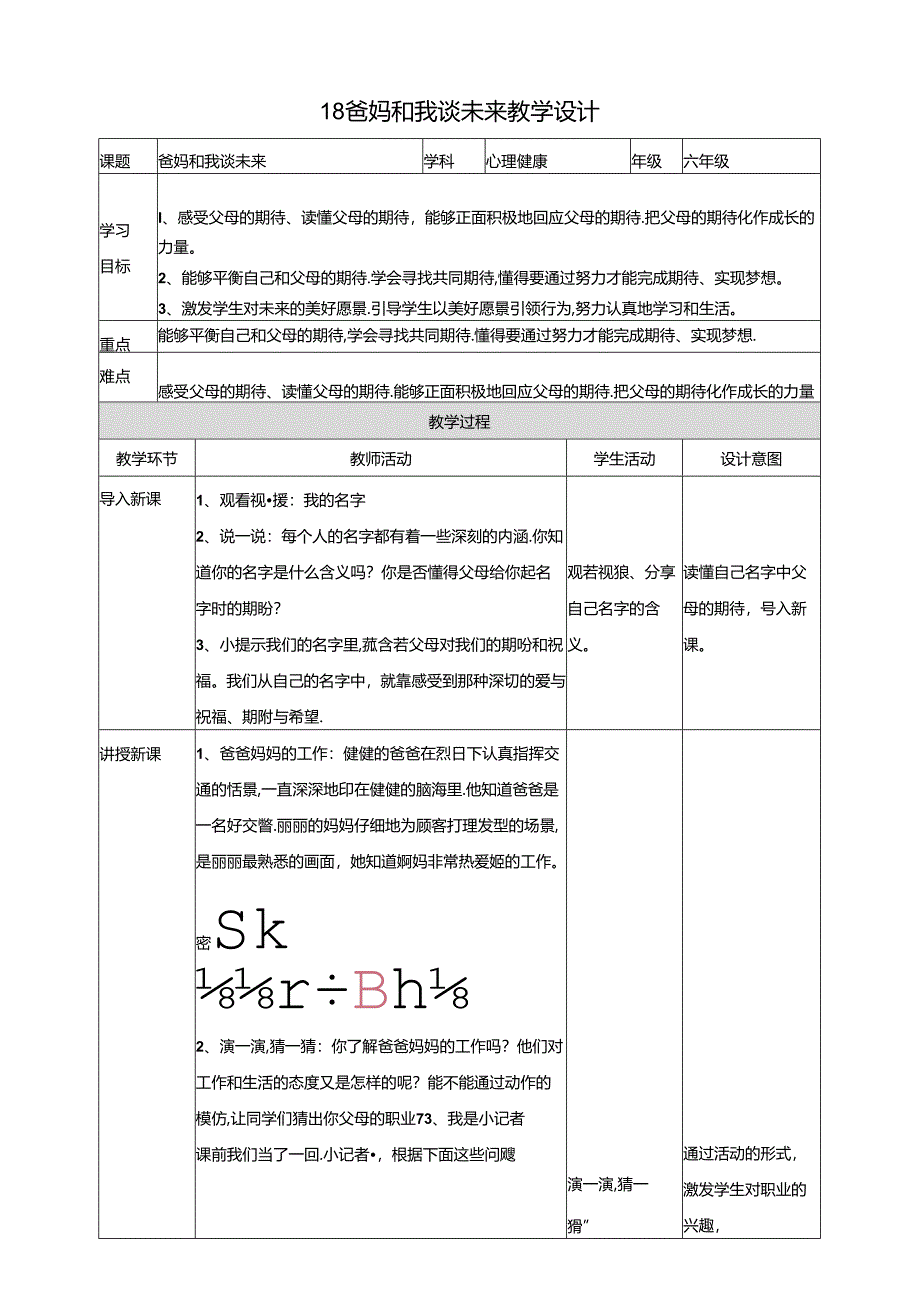 18《爸妈和我谈未来》教学设计 教科版心理健康六年级下册.docx_第1页