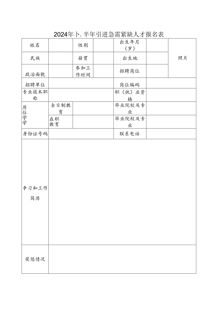 2024年下半年引进急需紧缺人才报名表.docx_第1页