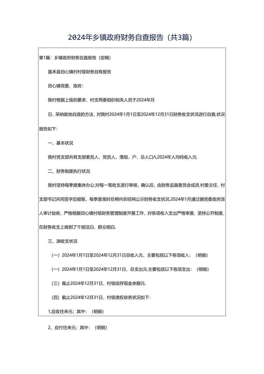 2024年乡镇政府财务自查报告（共3篇）.docx_第1页