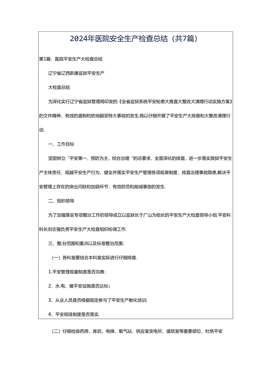 2024年医院安全生产检查总结（共7篇）.docx_第1页