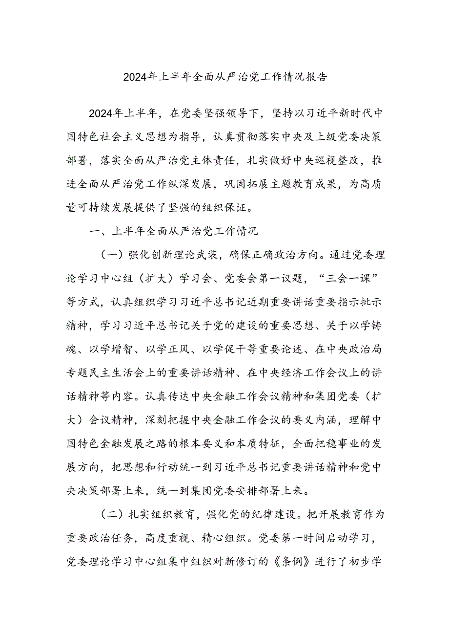 2024年上半年全面从严治党工作情况报告.docx_第1页