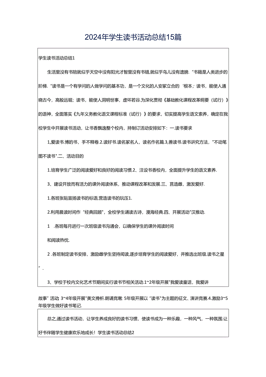 2024年学生读书活动总结15篇.docx_第1页