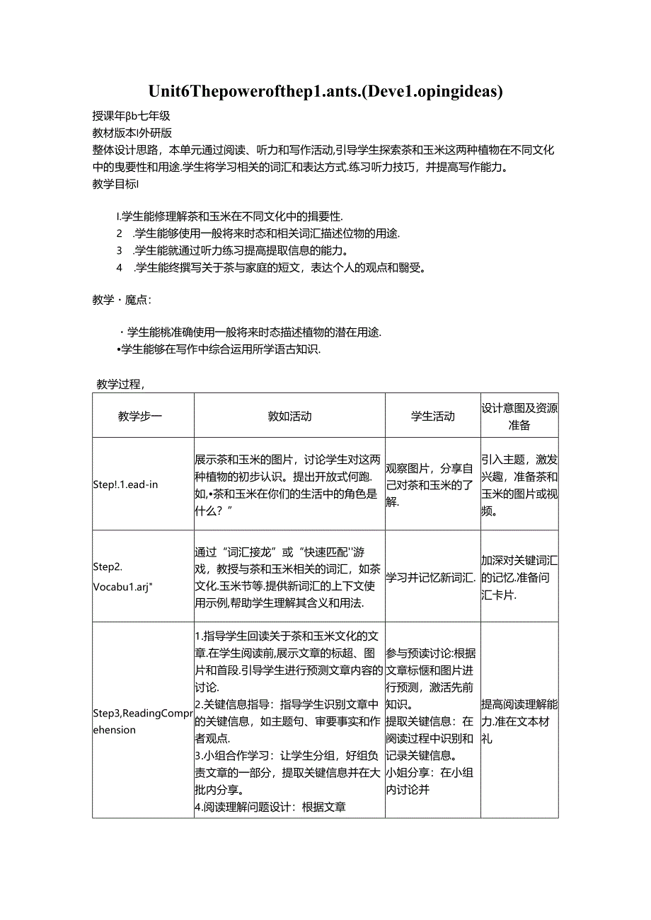 Unit 6 The power of the plants Developing ideas教学设计外研版2024七上.docx_第1页