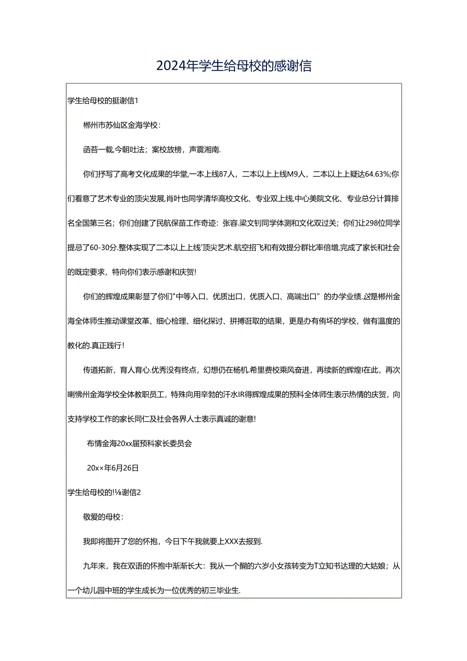 2024年学生给母校的感谢信.docx_第1页