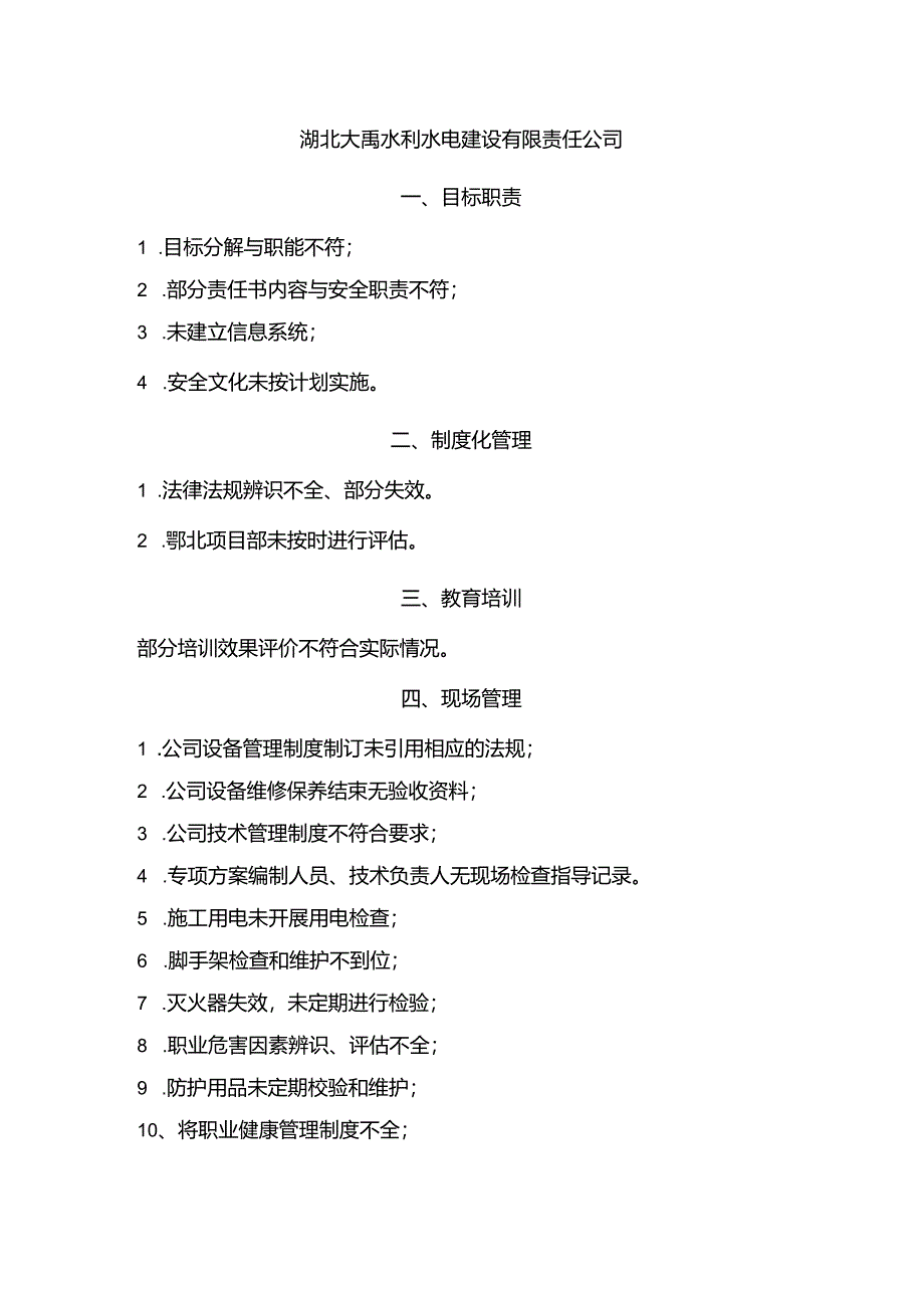 湖北大禹水利水电建设有限责任公司问题清单（水利厅）.docx_第1页