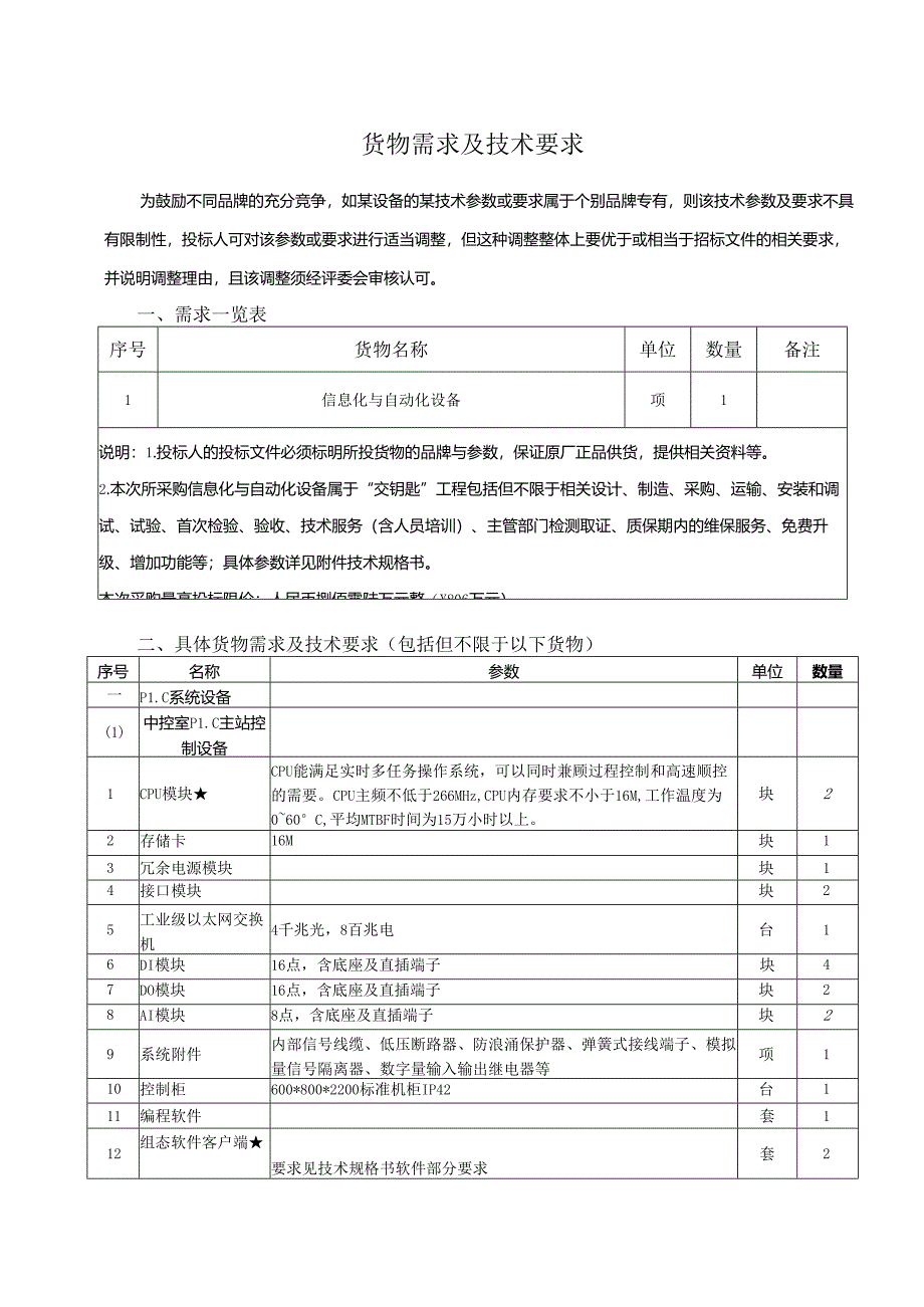 安庆港中心港区石门湖一期工程信息化与自动化设备采购及安装货物需求及技术要求.docx_第1页