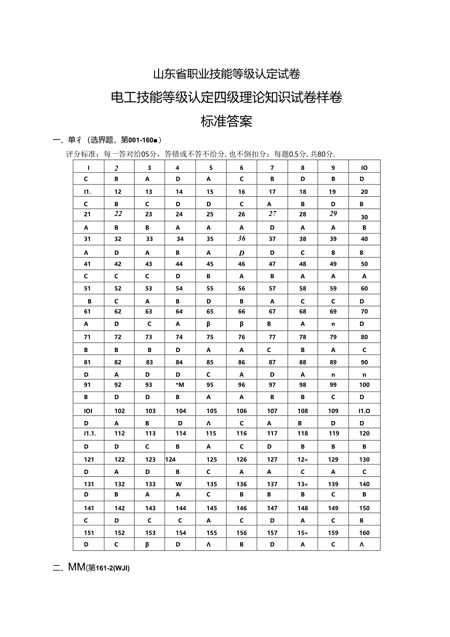 2024年山东省职业技能等级认定试卷 真题 电工中级理论 答案（样题）.docx_第1页