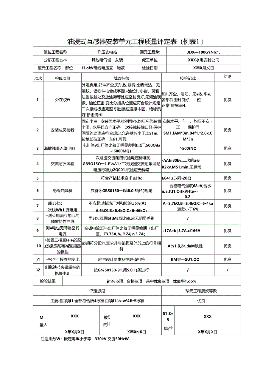 油浸式互感器安装单元工程质量评定表(例表1).docx_第1页