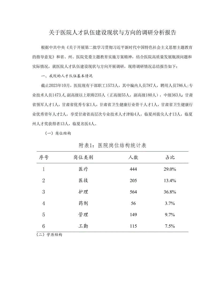 关于医院人才队伍建设现状与方向的调研分析报告.docx_第1页