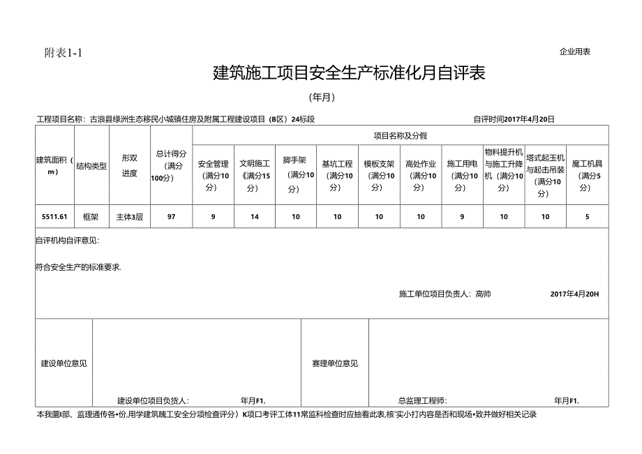 建筑施工项目安全生产标准化月自评表1.docx_第1页