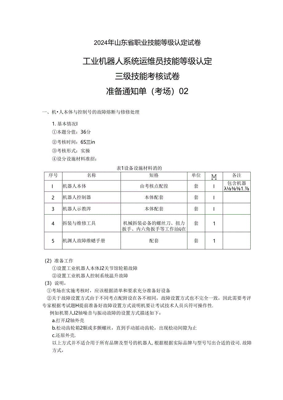 2024年山东省职业技能等级认定试卷 真题 工业机器人运维员三级实操试卷02——考场准备通知单.docx_第1页