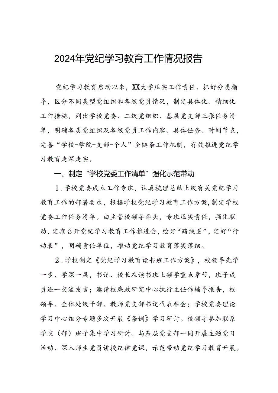 关于扎实开展2024年党纪学习教育的情况报告(24篇).docx_第1页