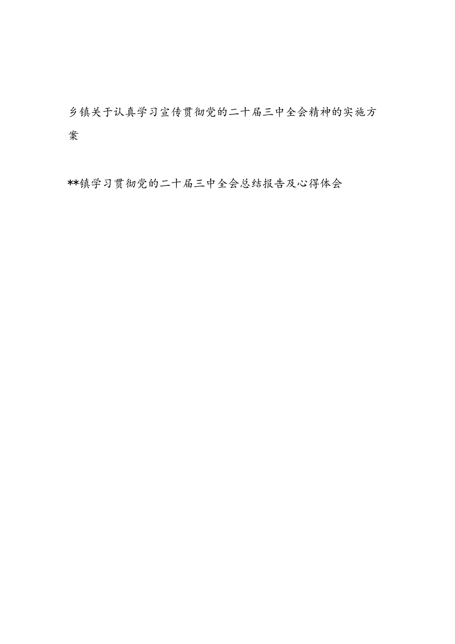 乡镇关于认真学习宣传贯彻党的二十届三中全会公报精神的实施方案和总结报告.docx_第1页